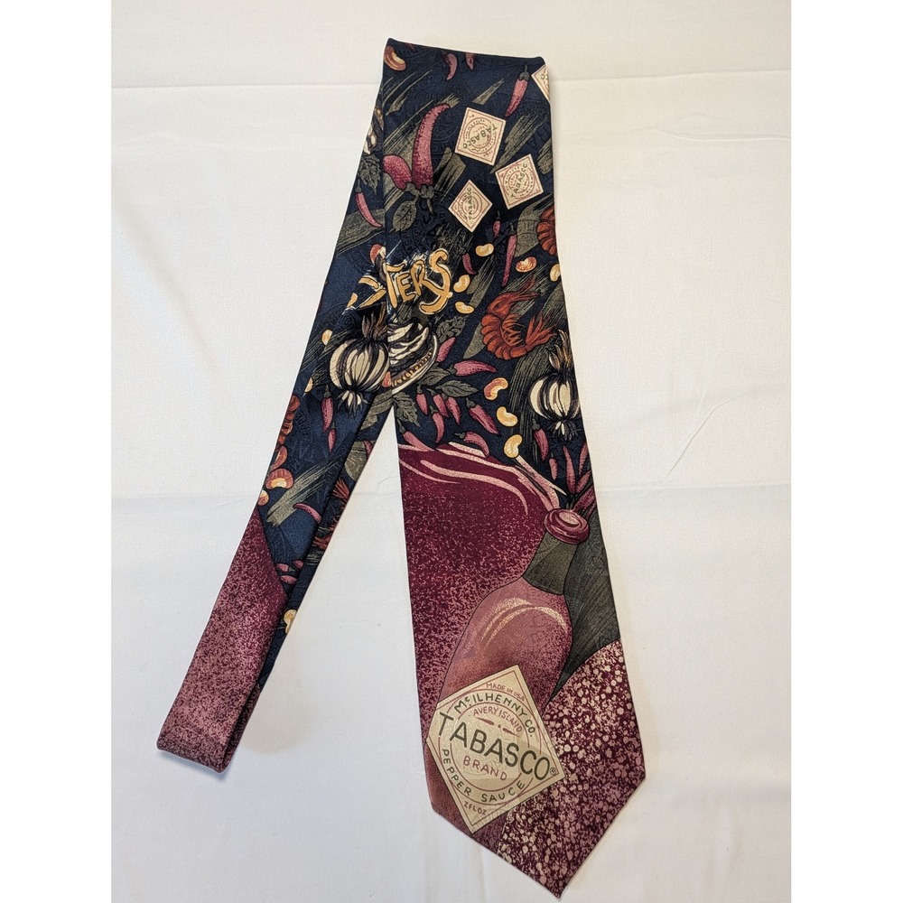 Tabasco Brand Mens Silk Tie Burgundy Navy Hot Sauce Chili Pepper Novelty Graphic - Picture 2 of 4